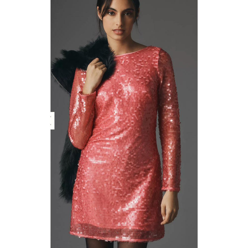 NEW ANTHROPOLOGIE PINK SEQUIN DRAPE BACK MINI DRESS SZ 10 - Picture 7 of 12